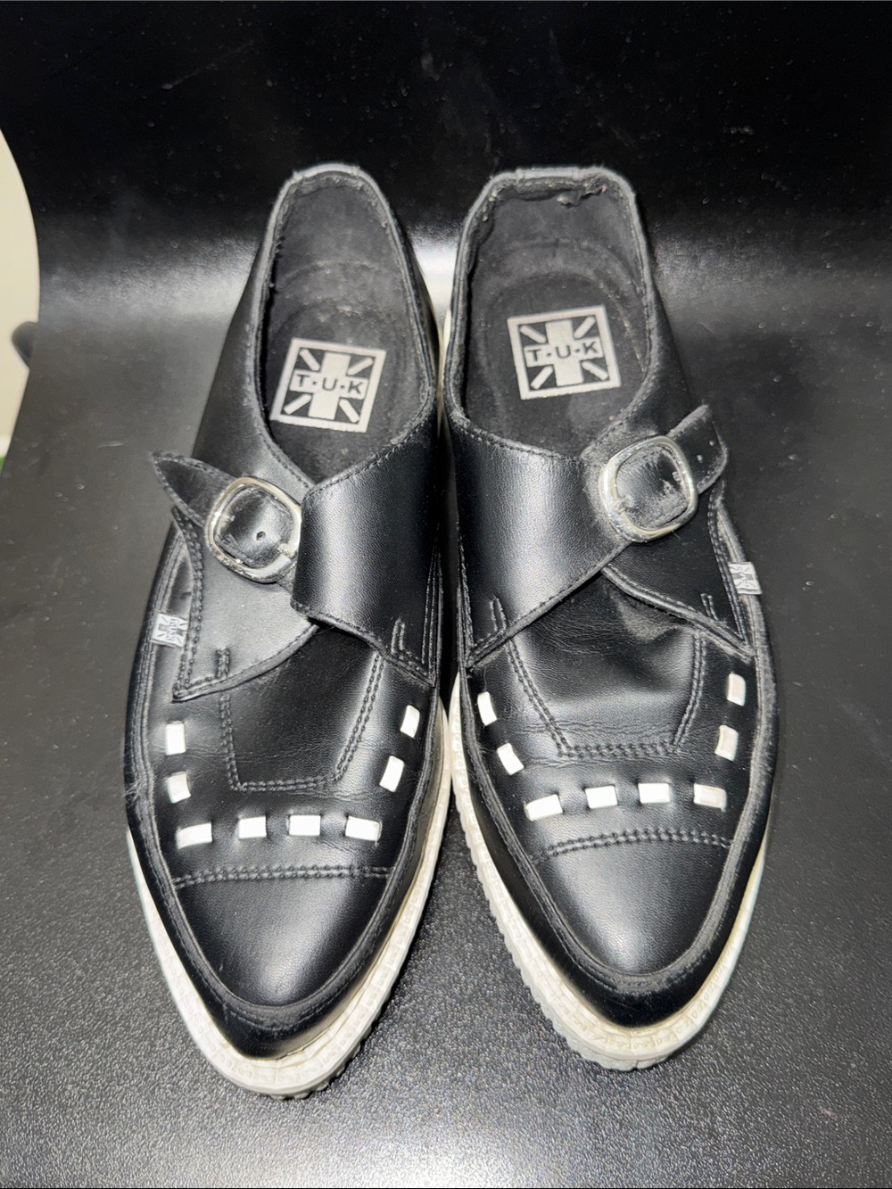 T.U.K Black Leather Buckle Creeper Loafers with White Square Accents Sz 7 Mens